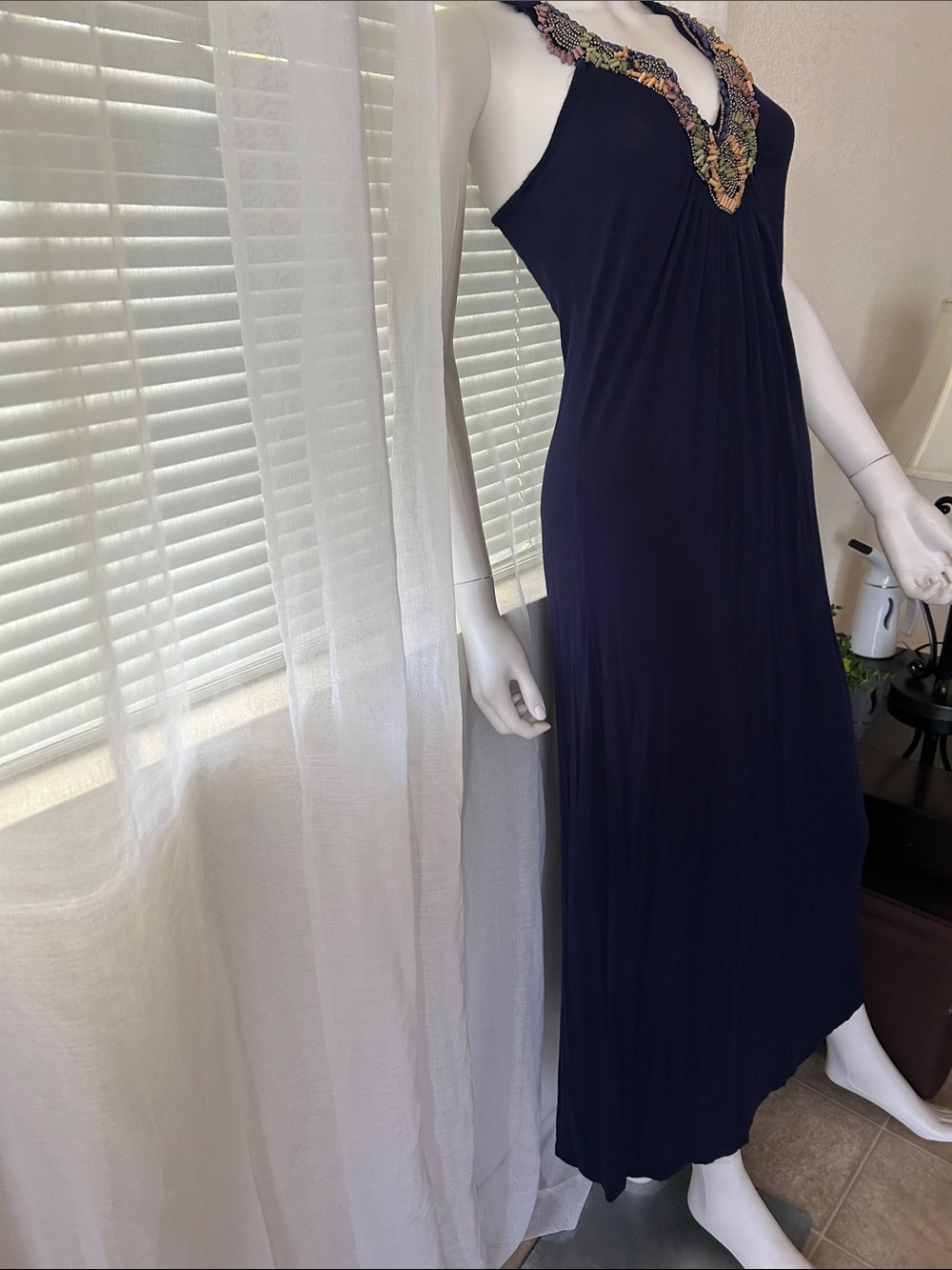 Romeo & Juliet Couture Navy Maxi Dress with Multicolor Beaded V-Neck - Picture 6 of 14